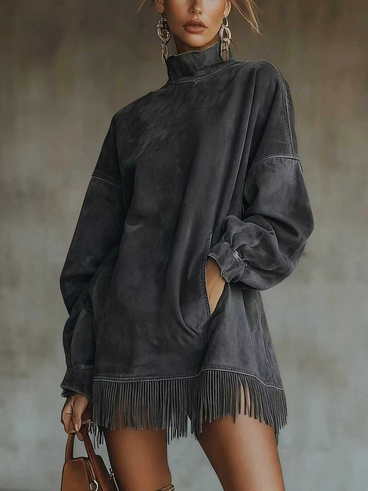 Washed vegan suede oversized dress cuff and drop shoulder sleeve close up
