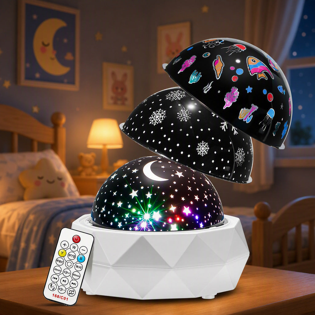 White faceted star projector night light with three swappable domes and remote in a child bedroom