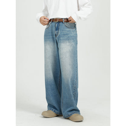 Men's blue straight leg jeans, full front view on a plain background