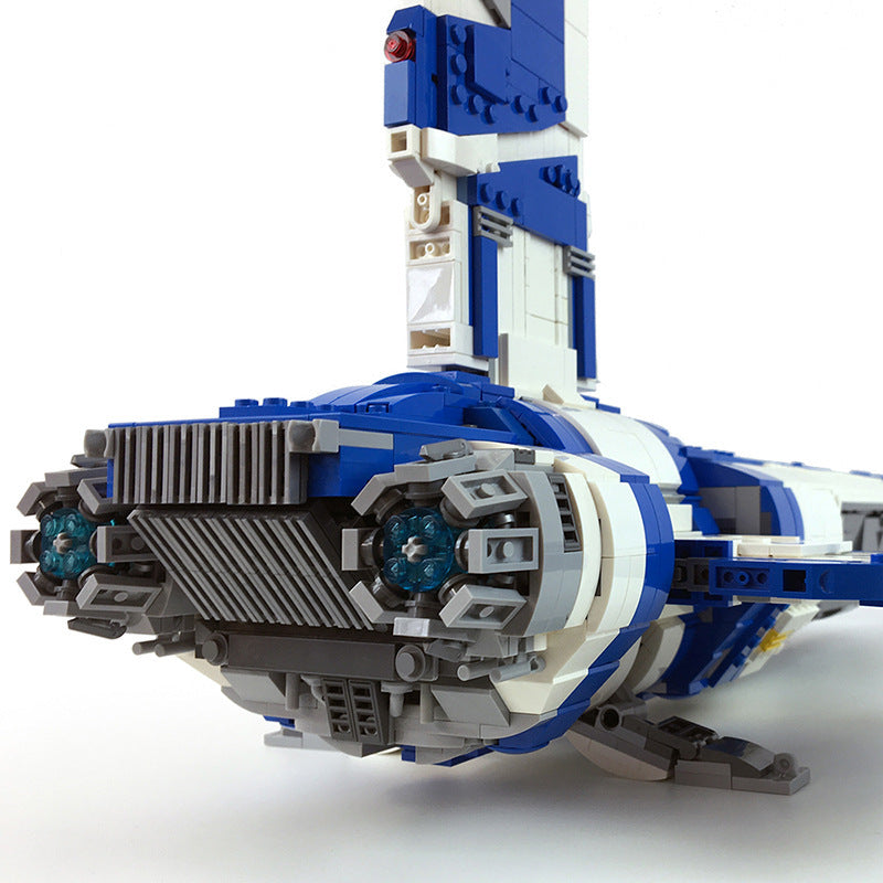 Close view of grey engine housings and vented panels on the brick built starship hull