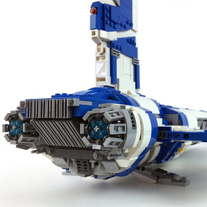 Close view of grey engine housings and vented panels on the brick built starship hull