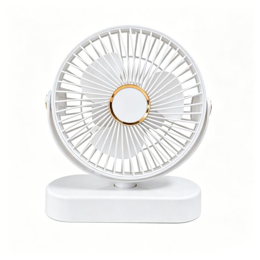 White fan standing on an oval base, head tilted upright and grille facing the camera
