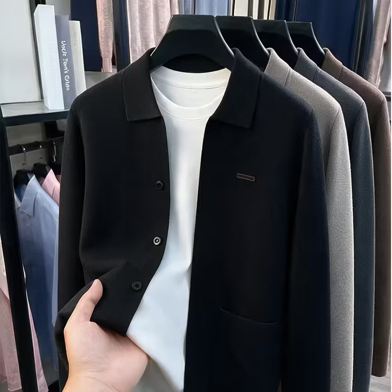 Black knit men's cardigan with turn-down collar and three buttons over a white tee, option size L