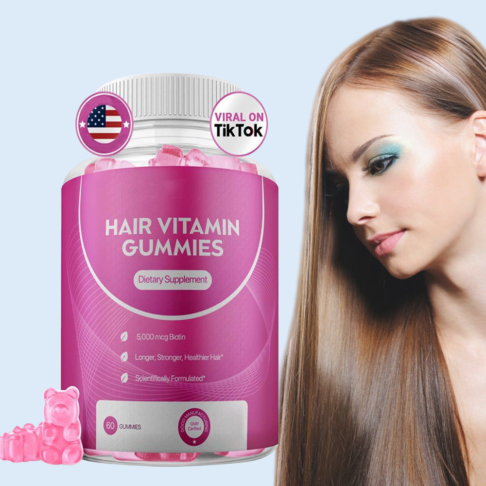Close view of a soft fruity hair growth gummy with biotin and vitamins
