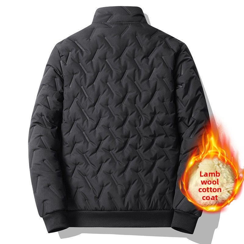 Padded jacket open to show the plush fleece lining and inner pocket