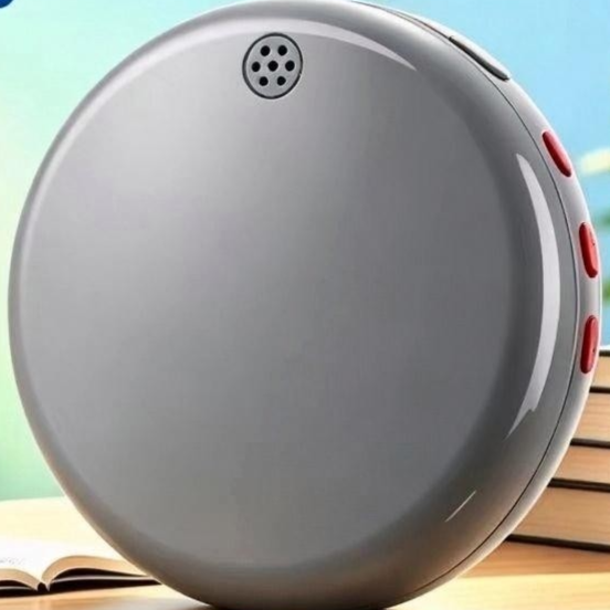 Gray round AI language practice device with red side buttons beside books, option photo for Gray