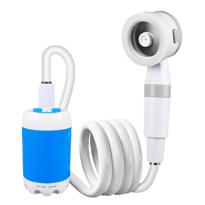 Portable camping shower pump with white handheld head and coiled hose on a white background