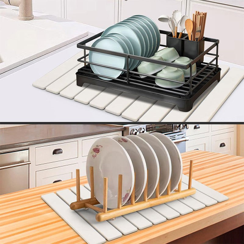 Foldable diatomaceous earth absorbent mat with a slatted design for bath and kitchen