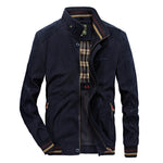 Dark blue stand collar bomber jacket with full zip, plaid lining at the neckline and striped ribbed cuffs and hem