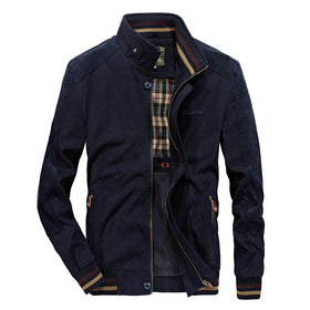 Mens Stand Collar Cotton Bomber Jacket with Plaid Lining