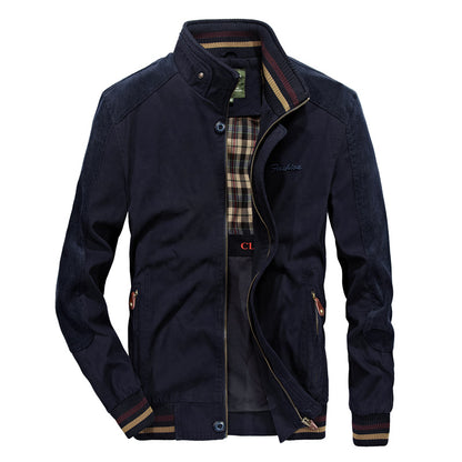 Dark blue stand collar bomber jacket with full zip, plaid lining at the neckline and striped ribbed cuffs and hem