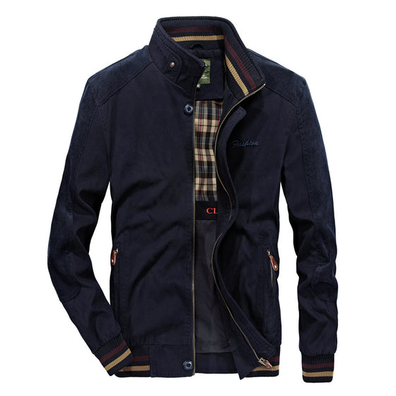 Mens Stand Collar Cotton Bomber Jacket with Plaid Lining