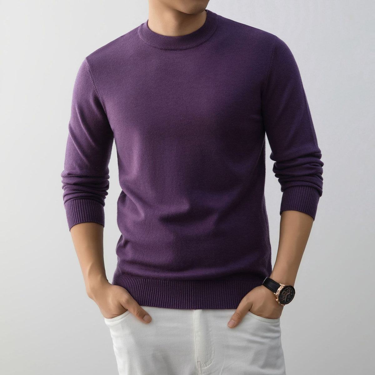 Purple slim fit crew neck knit sweater, option photo for size 190 (4XL)