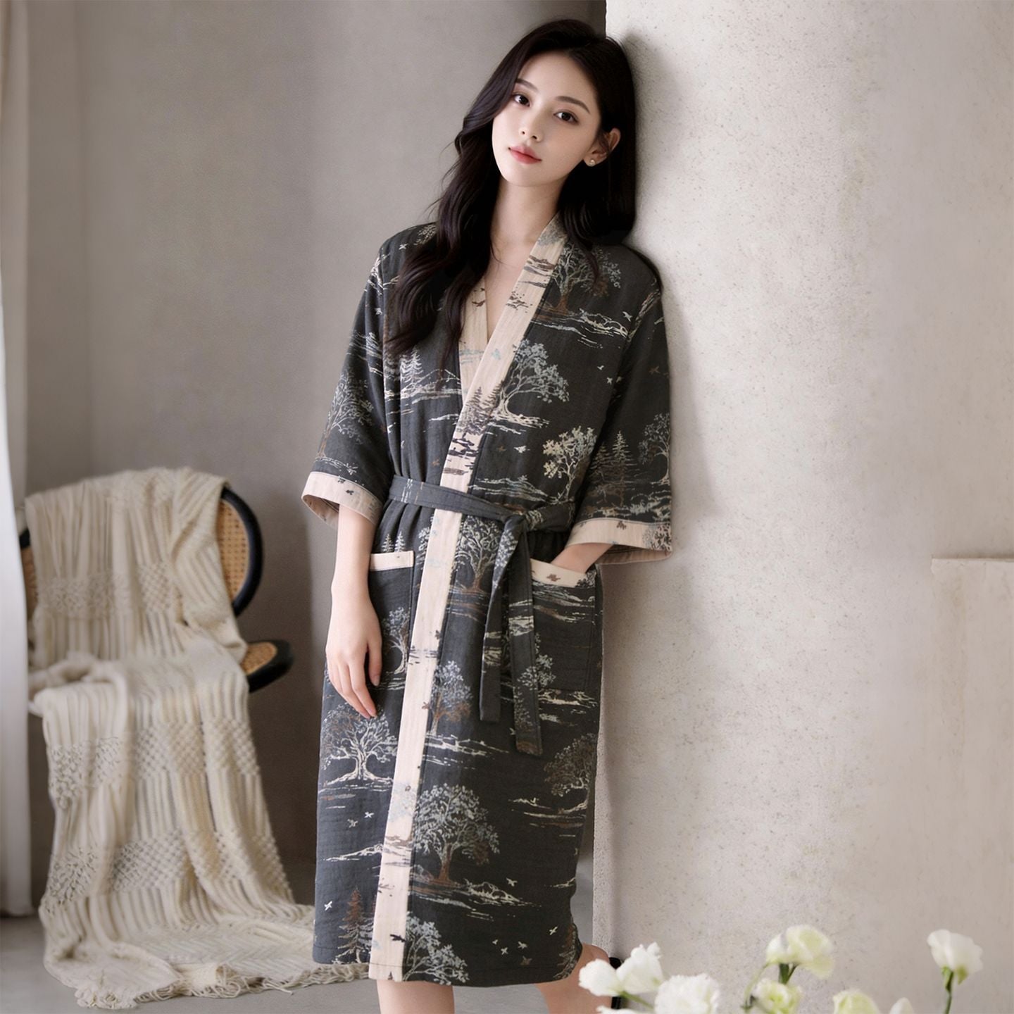 Cotton Gauze Bathrobe for Home and Spa | top down arrangement layout