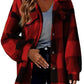 Womens buffalo check fleece shacket, loose fit body with a buttoned flap chest pocket