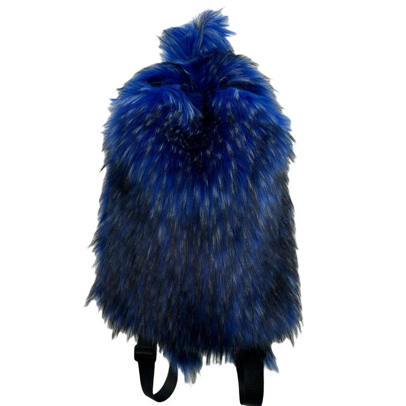 Plush fur travel backpack worn across the shoulders in daily use