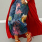 Wide leg cropped denim jeans with neon outline floral print in pink, orange and yellow, red coat and heels