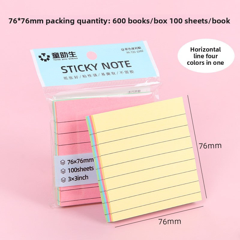 Larger 100 by 152 mm lined sticky note pad next to smaller square pads for scale