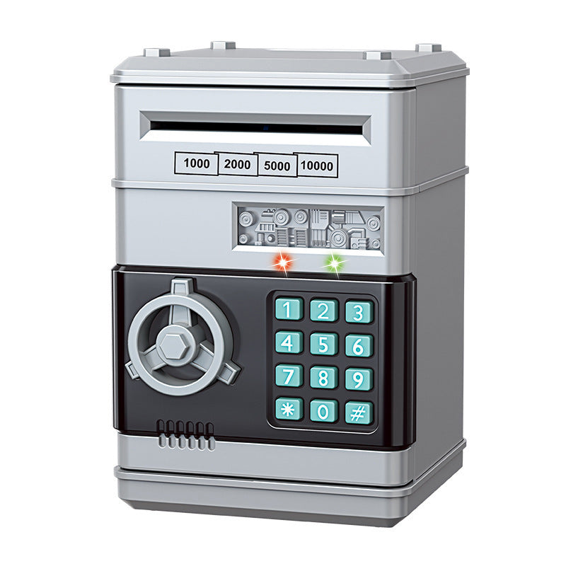 ATM piggy bank with a coin slot on top and a keypad code lock on the front