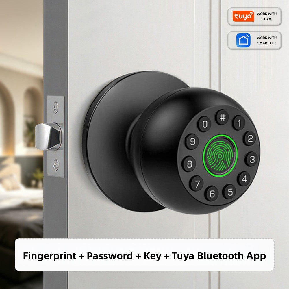 Tuya Bluetooth model: black smart door knob fitted on a white indoor door with Tuya and Smart Life badges