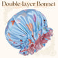 Light blue butterfly print double layer satin hair bonnet with a ruffled contrast edge