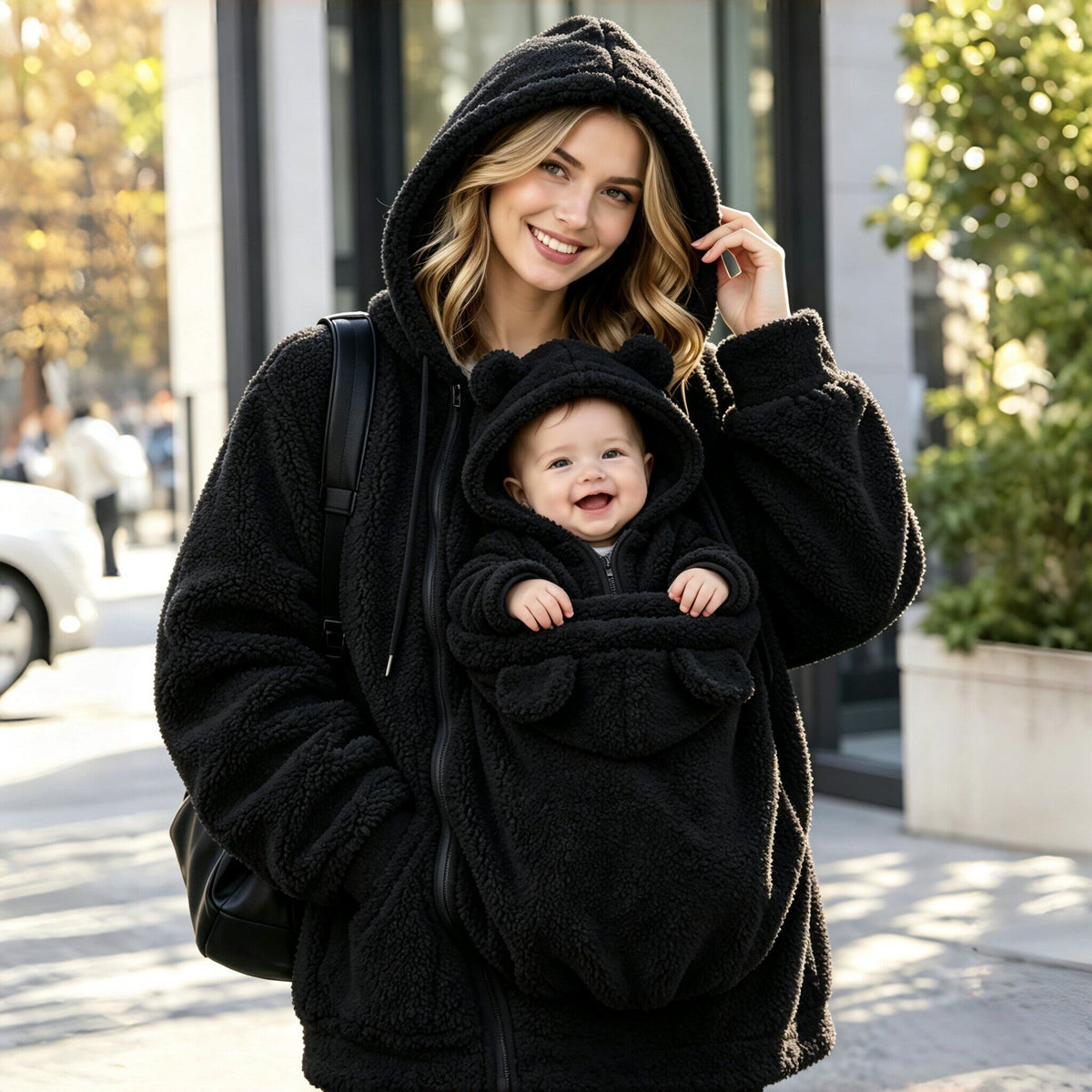 Black lamb fleece zip hoodie with a front baby pouch with bear ears, worn on a city street