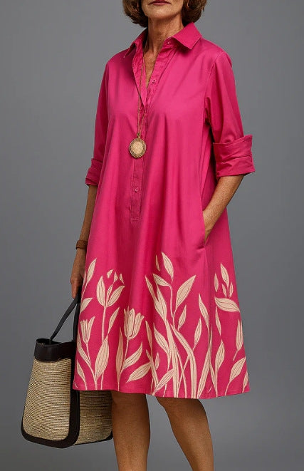 Rose Pink with Botanical hem polyester shirt collar long sleeve A-line midi dress on a standing model