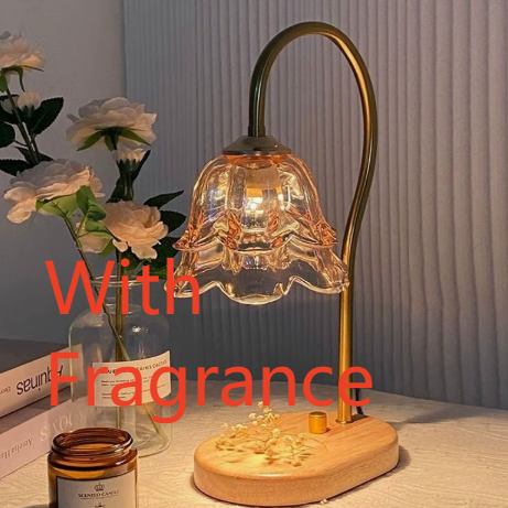 Candle warmer lamp, amber tulip shade, natural wood base, knob dimmer, fragrance version, EU plug