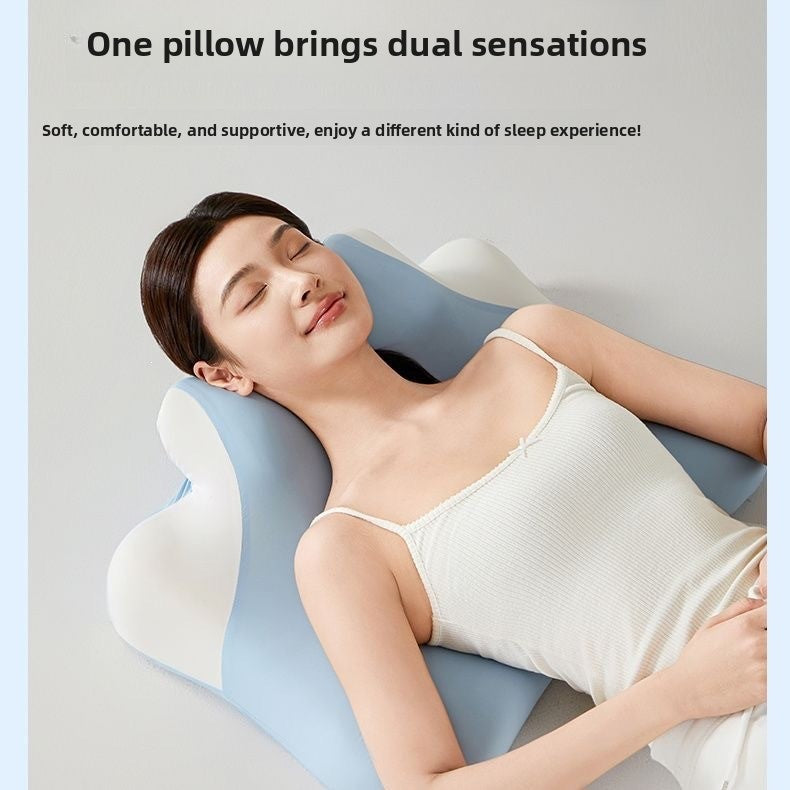 Woman lying back on the blue contour memory foam pillow to show the neck support curve