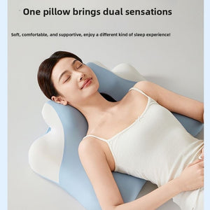 Woman lying back on the blue contour memory foam pillow to show the neck support curve