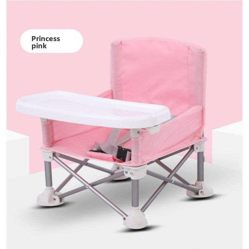 Pink folding baby feeding chair without canopy, white tray and grey folding frame