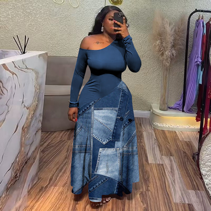 Printed swing skirt on a fitted one-shoulder maxi dress worn by a plus size model