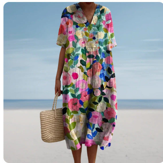 Floral print V-neck long dress front view styling shot
