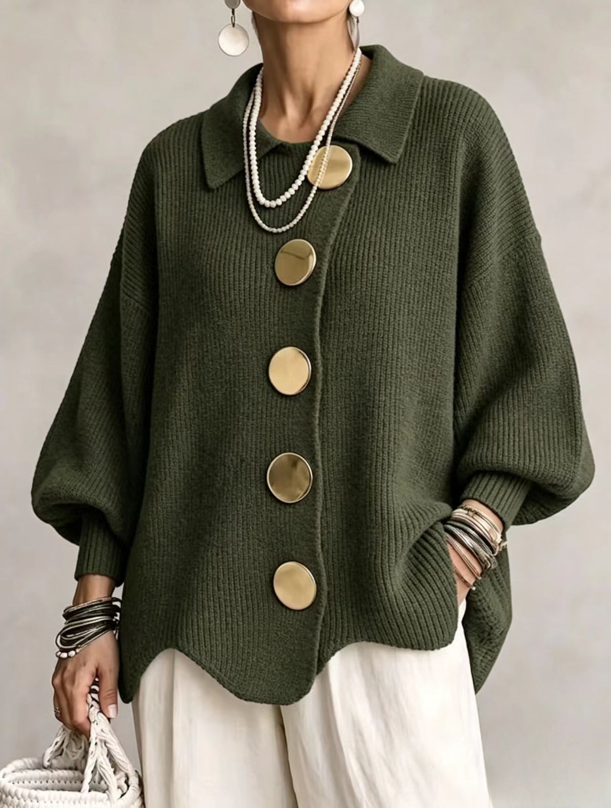 Olive green ribbed knit top with a collar and gold tone metal buttons, Olive green option, size M