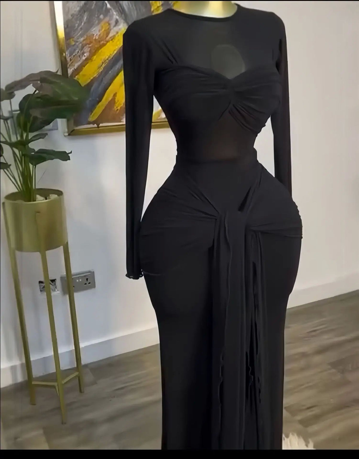 Black long sleeve maxi dress with twisted bust and draped front tie, black color, size M option photo