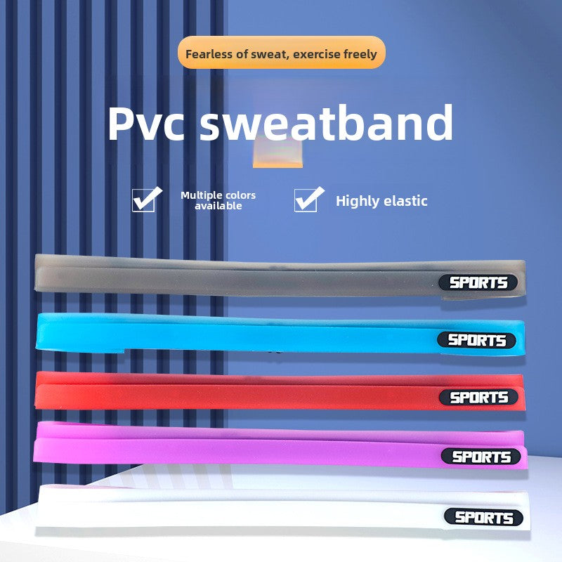 Five silicone sports sweatbands in gray, blue, red, purple, and white on a blue backdrop
