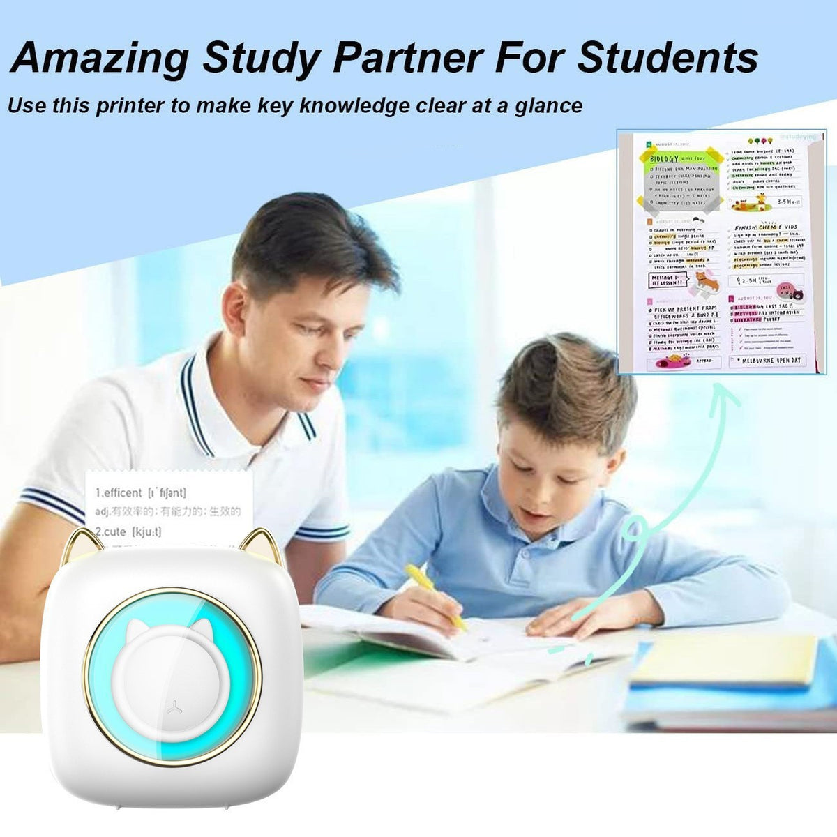 Man and boy at a desk with a white cat ring thermal printer and a printed notes sheet under a study partner heading