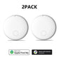 Two white round F08 trackers, 2 pack option, with Apple Find My and Android Find Hub badges
