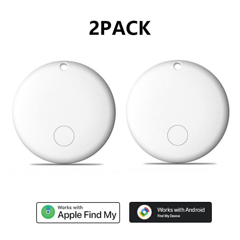 Two white round F08 trackers, 2 pack option, with Apple Find My and Android Find Hub badges