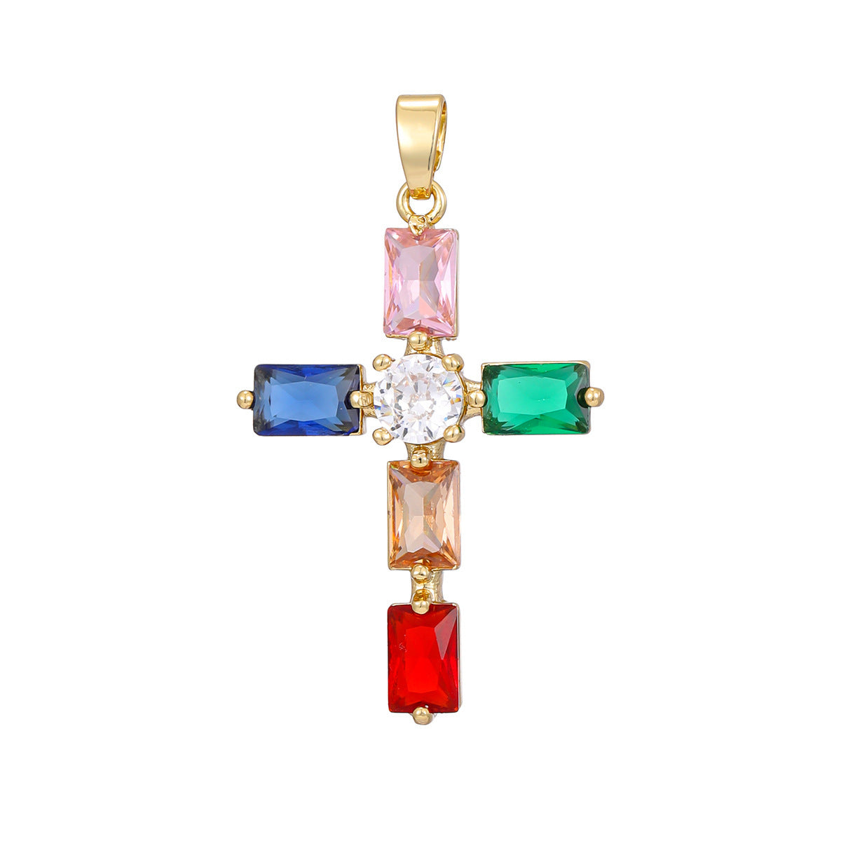 Cross pendant set with green cubic zirconia on a fine gold tone chain, front view