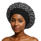 Black Smiley Print satin sleep bonnet with ruffled crown and wide elastic band, 30 cm diameter
