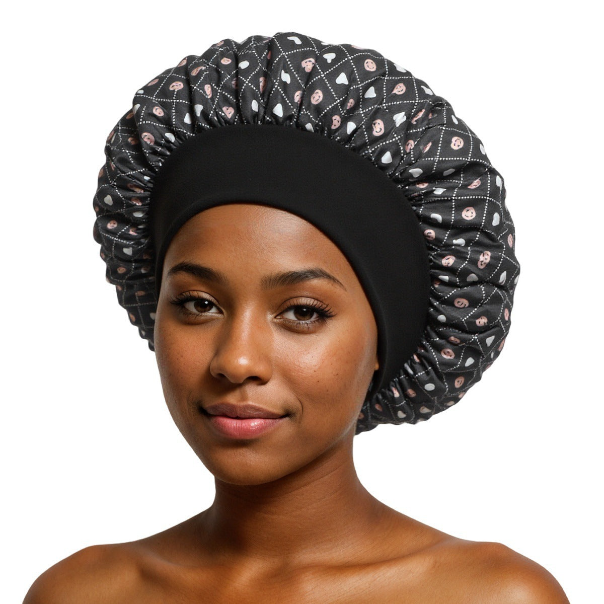 Black Smiley Print satin sleep bonnet with ruffled crown and wide elastic band, 30 cm diameter