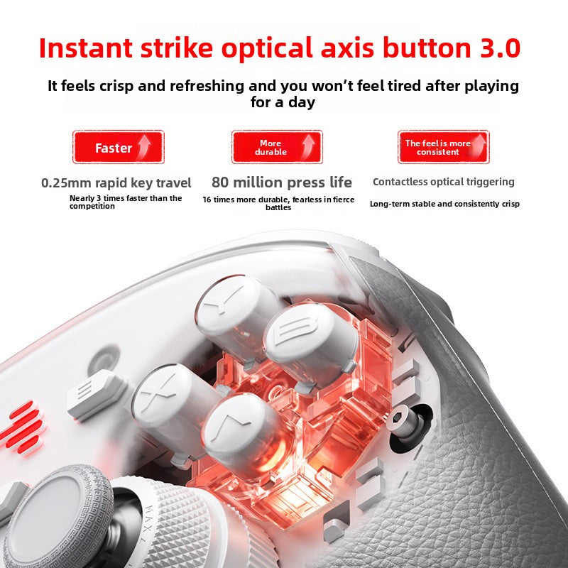 Close up of the white controller optical axis face buttons with red backlight detail