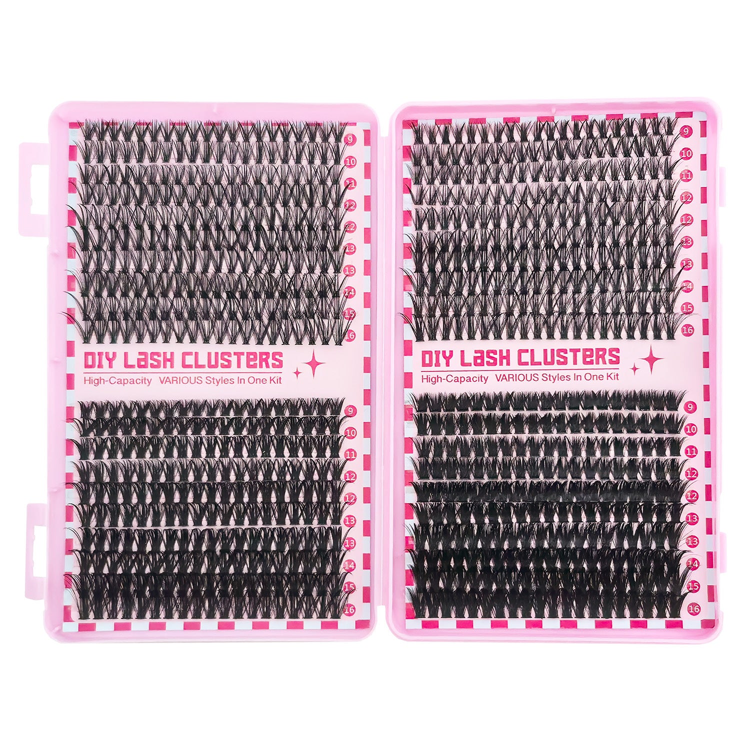 Trays of individual cluster lashes sorted into top and bottom lengths for a full lash line
