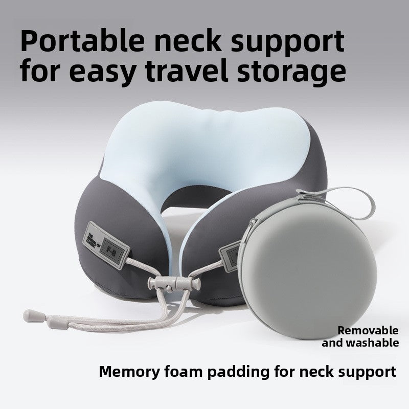 Dark gray and pale blue U shaped neck pillow beside a round gray storage box, adult size, cloth storage box option