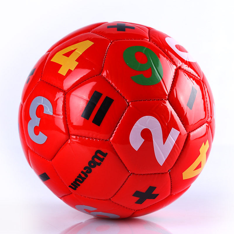 Red childrens Size 2 soccer ball covered in bright numbers and plus minus and equals signs
