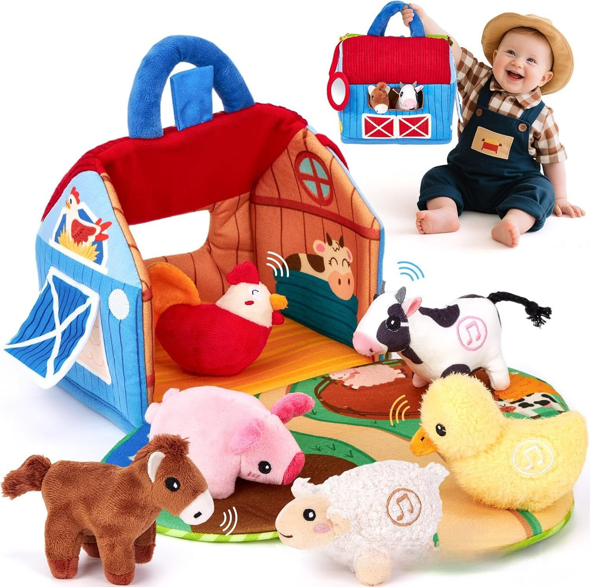 Plush farm barn playset with ribbed red roof, carry handle, farm scene mat and six cloth animals