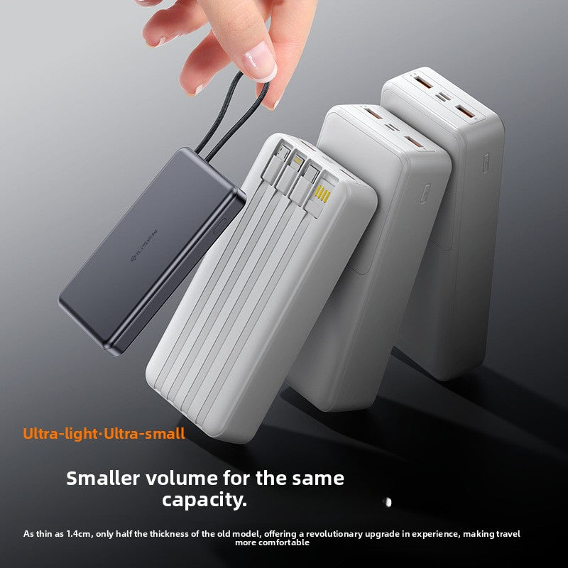 Titanium gray slim power bank with its braided charging cable looped from the top