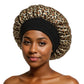 Large Leopard Print satin sleep bonnet with ruffled crown and wide elastic band, 30 cm diameter