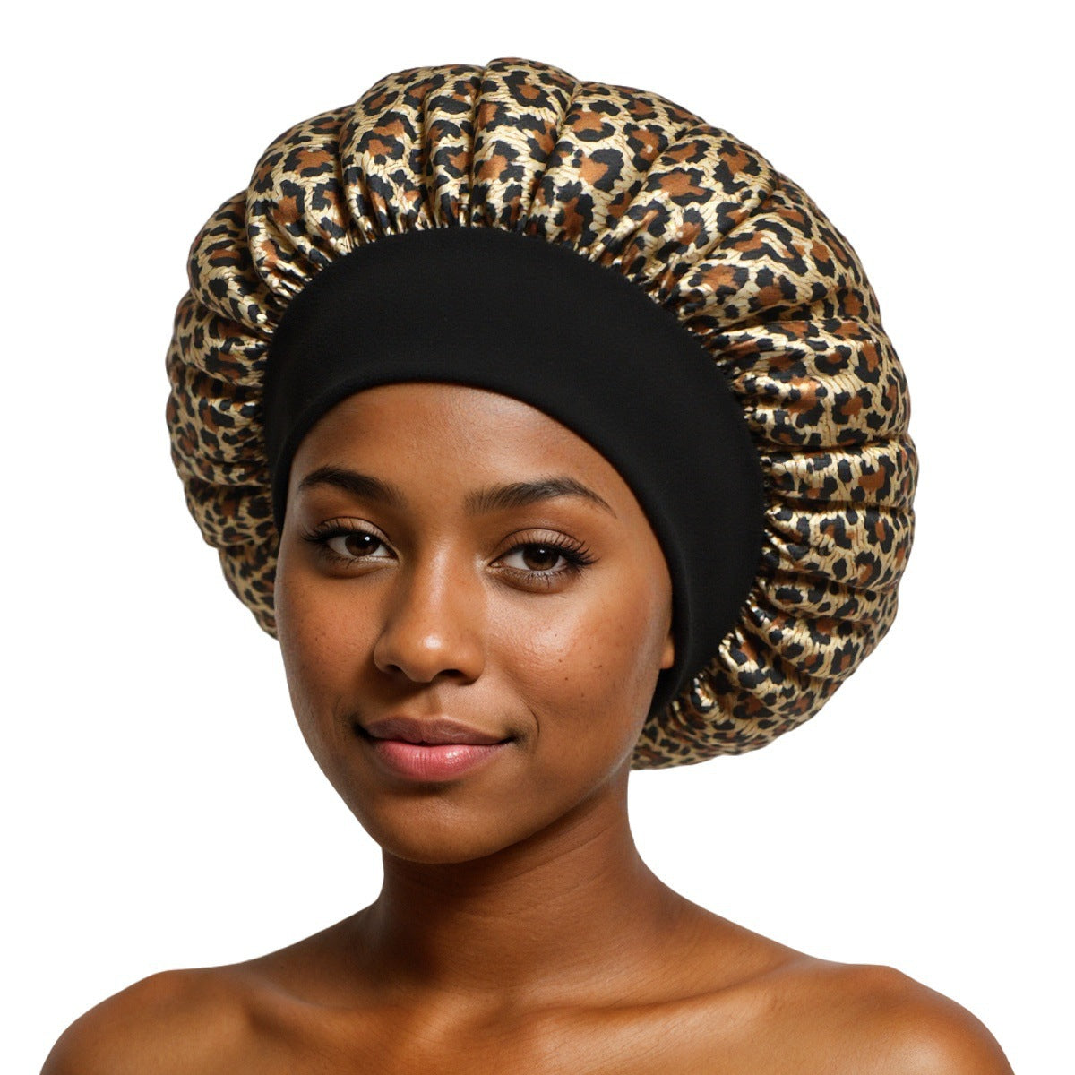 Large Leopard Print satin sleep bonnet with ruffled crown and wide elastic band, 30 cm diameter